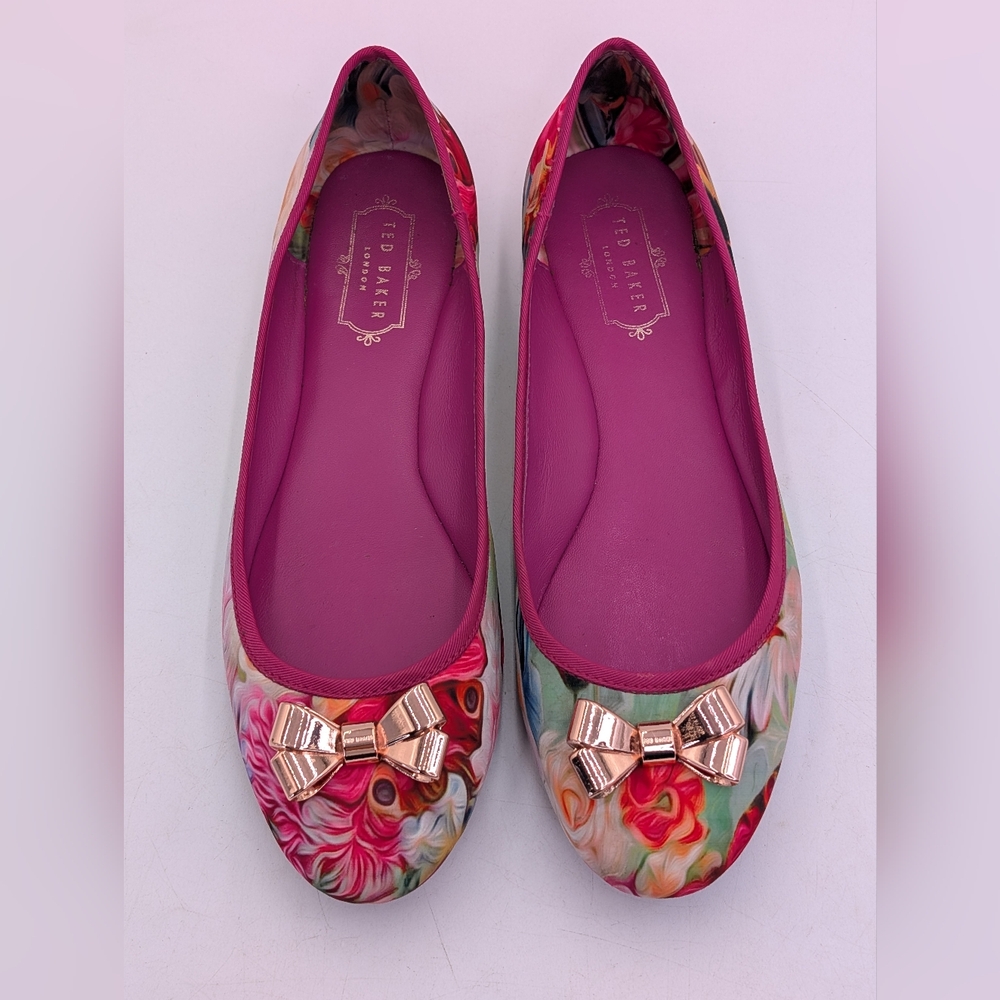 Ted Baker London IMME 2 Sz 9  Vibrant Floral Pink Ballet Flats Rosegold Bows - Picture 12 of 17